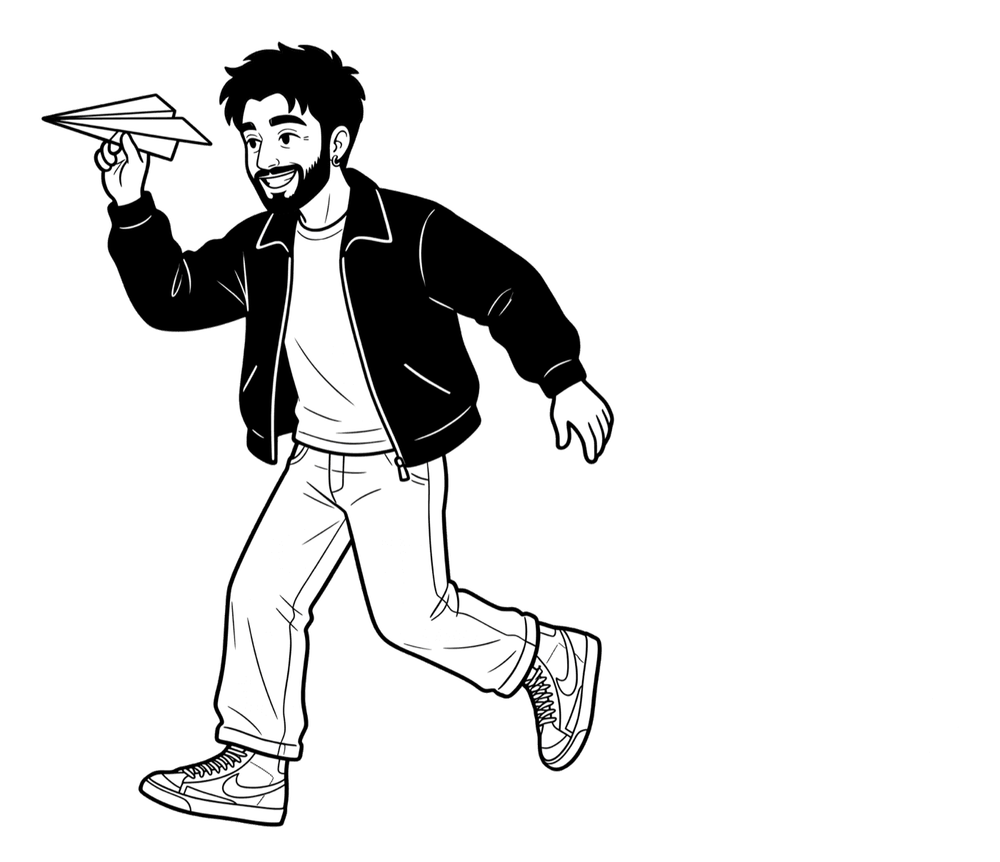 Illustration of Vivek mid-stride, throwing a paper airplane