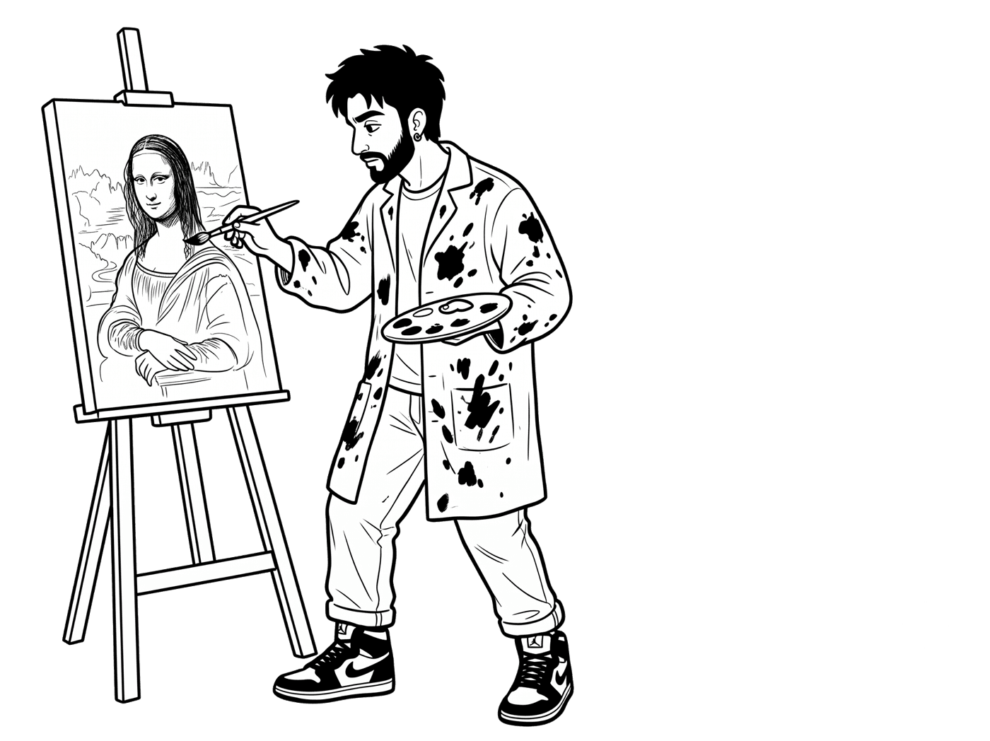 Illustration of Vivek painting a recreation of the Mona Lisa at an easel