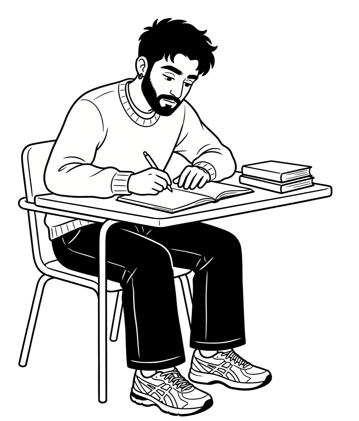 Illustration of Vivek seated at a desk, writing in a notebook