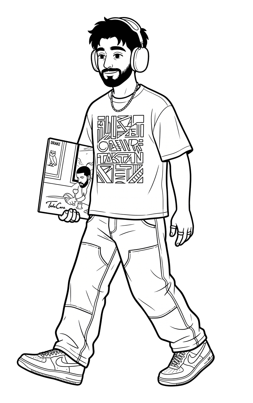 Illustration of Vivek walking with headphones on, holding a record