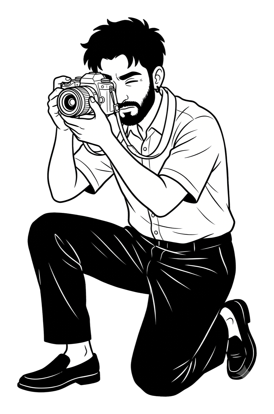 Illustration of Vivek kneeling to take a photo with a camera
