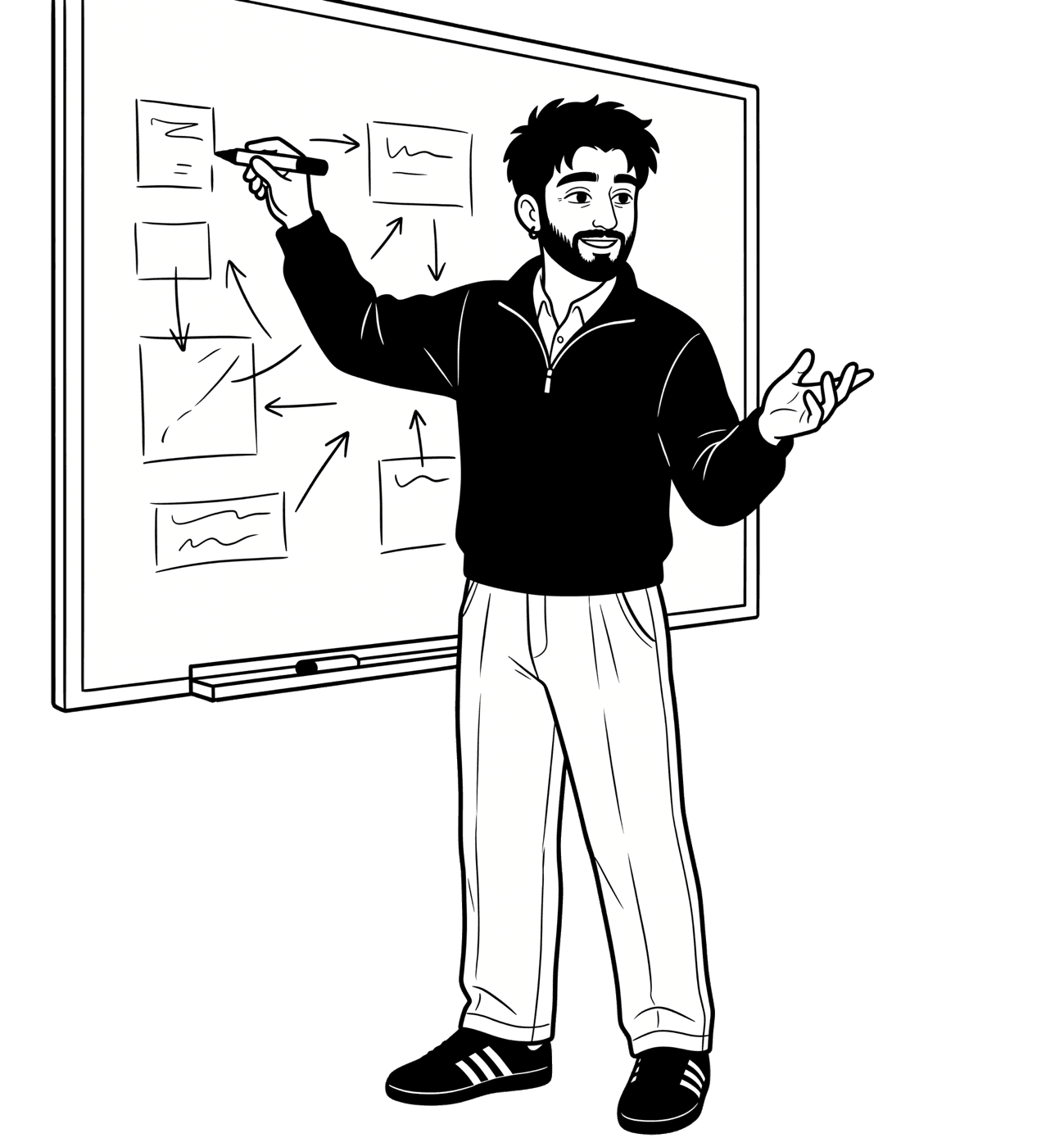 Illustration of Vivek standing at a whiteboard, explaining a diagram